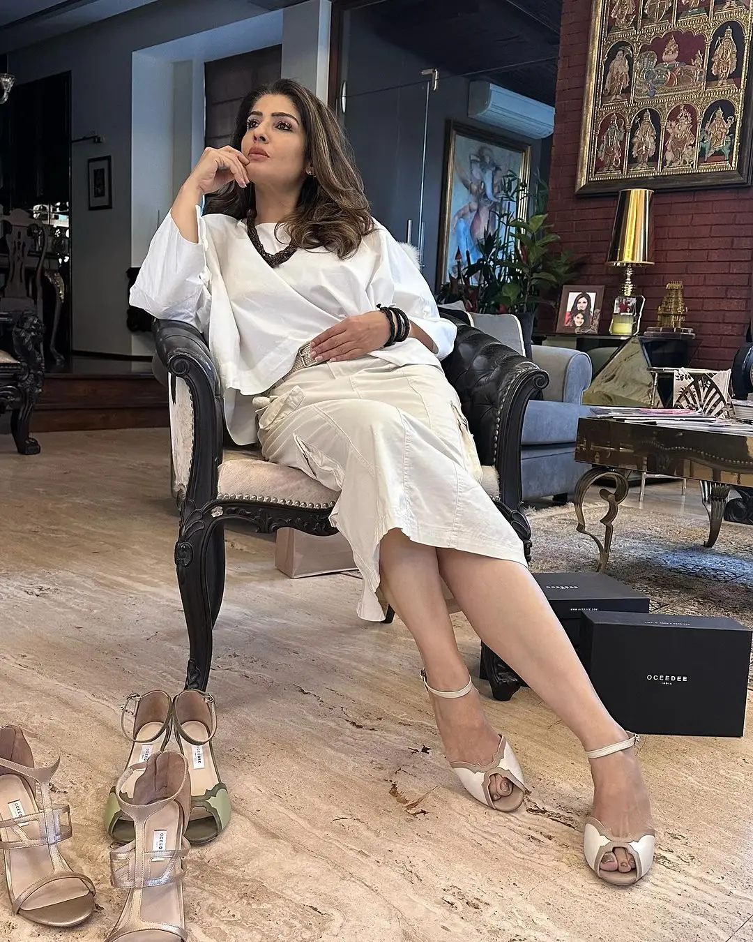 Raveena Tandon Long Legs Show in White Gown